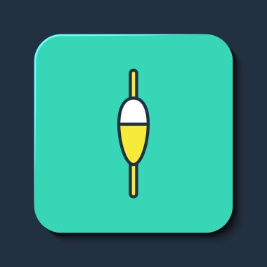 Mavi arkaplanda izole edilmiş ana hatlı balıkçılık şamandırası simgesi. Balık oltası. Turkuaz kare düğme. Vektör