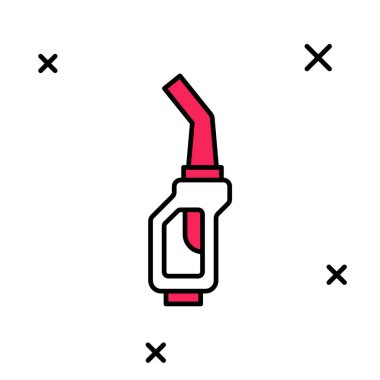 Doldurulmuş benzin pompası başlık simgesi beyaz arkaplanda izole edildi. Yakıt pompası istasyonu. Yakıt ikmal tabelası. Benzin istasyonu ikonu. Vektör