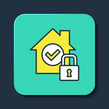 Taslak Ev, mavi arka planda izole edilmiş koruma simgesi altında. Eve git ve kilitle. Koruma, güvenlik, güvenlik, koruma, savunma konsepti. Turkuaz kare düğme. Vektör
