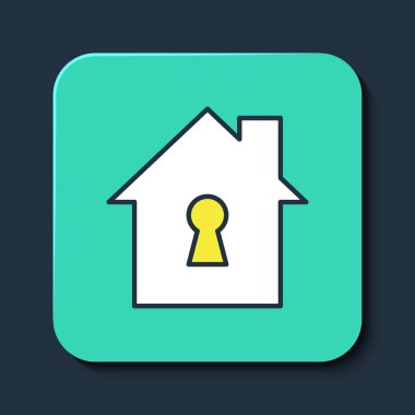 Taslak Ev, mavi arka planda izole edilmiş koruma simgesi altında. Ev ve kalkan. Koruma, güvenlik, güvenlik, koruma, savunma konsepti. Turkuaz kare düğme. Vektör