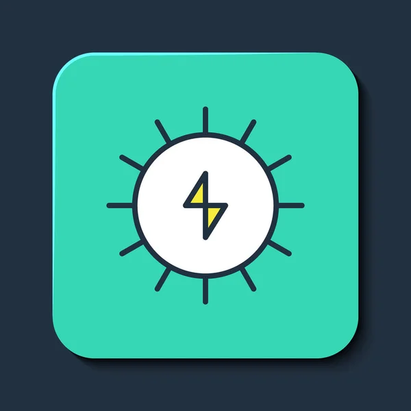 Fylld kontur Solenergi panel ikon isolerad på blå bakgrund. Sol med blixtsymbol. Turkos fyrkantig knapp. Vektor — Stock vektor