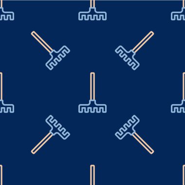 Çizgi Bahçesi tırmık simgesi mavi arka planda izole edilmiş kusursuz desen. Bahçecilik, tarım, çiftçilik aleti. Toprak işçisi. Temizlik ekipmanları. Vektör