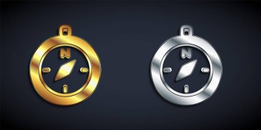 Siyah arkaplanda altın ve gümüş pusula simgesi var. Rüzgâr yön bulma sembolü. Rüzgar gül işareti. Uzun gölge tarzı. Vektör