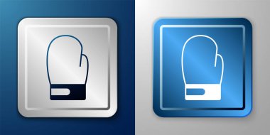 Mavi ve gri arka planda beyaz boks eldiveni ikonu izole edildi. Gümüş ve mavi kare düğme. Vektör