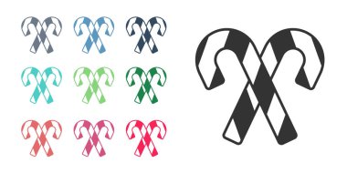 Beyaz arka planda izole edilmiş çizgili siyah Noel şekerleme çubuğu. Mutlu Noeller ve mutlu yıllar. Simgeleri renklendirin. Vektör