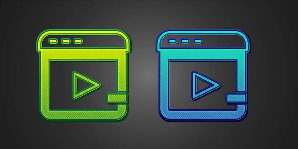녹색 과 파란색 비디오 광고 아이콘은 검은 배경에서 분리되었습니다. 마케팅 과 프로모션 프로세스의 개념. 반응하는 광고. 소셜 미디어 광고. Vector — 스톡 벡터