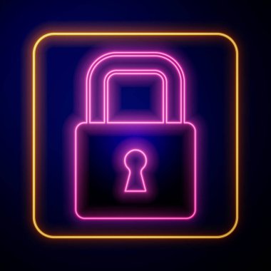 Parlayan neon kilidi simgesi siyah arkaplanda izole edildi. Asma kilit işareti. Güvenlik, güvenlik, koruma, gizlilik kavramı. Vektör
