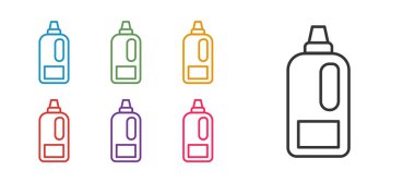 Çamaşır deterjanı, çamaşır suyu, bulaşık deterjanı ya da beyaz arka planda izole edilmiş başka bir temizlik malzemesi için plastik şişe ayarla. Simgeleri renklendirin. Vektör