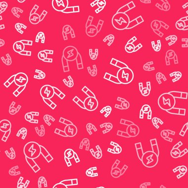 Beyaz çizgi mıknatıs simgesi kırmızı arkaplanda izole edilmiş. At nalı mıknatısı, manyetizma, manyetizma, çekim. Vektör