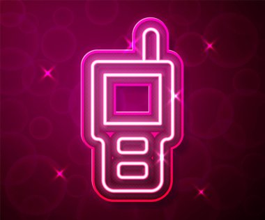 Parlayan neon hattı telsiz ikonu kırmızı arkaplanda izole edildi. Taşınabilir radyo vericisi simgesi. Radyo alıcı-vericisi işareti. Vektör