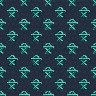 Çelik dişli disk ikonlu yeşil çizgili elektrikli testere mavi arkaplandaki pürüzsüz deseni izole etti. Tahta ya da metal kesmek için elektrikli el aleti. Vektör.