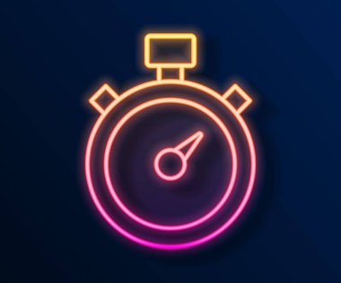 Parlayan neon hattı Stopwatch simgesi siyah arkaplanda izole edildi. Zaman göstergesi. Kronometre işareti. Vektör.