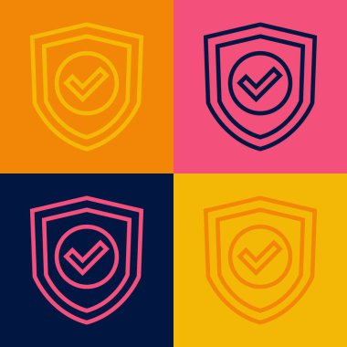 Renk arkaplanında işaretleme simgesi olan Pop Art Line Shield. Koruma sembolü. Güvenlik kontrolü Simge. Kene izi onaylı simge. Vektör.