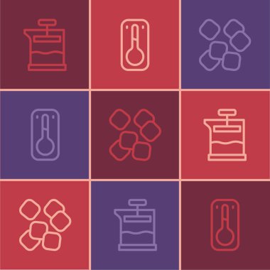 Fransız baskılı şeker küpleri ve kahve termometresi simgesini ayarla. Vektör.