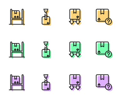 Karton kutuyu trafik sembolü, depo içi kutular Crane karton ve karton simgeyle ayarla. Vektör.