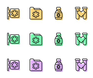 İlaç Şişesi Acil Servisi - Star Life Sağlık Kayıtları klasörü ve kan ikonlu test tüpü. Vektör.