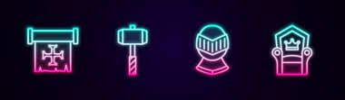 Haçlı Seferi Çekici Ortaçağ miğferi ve tahtı. Parlayan neon ikonu. Vektör.