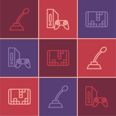 Satır Mikrofon Taşınabilir Oyun Konsolu ve Oyun 'u joystick simgesi ile ayarla. Vektör.