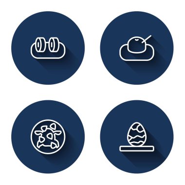 Suşi Mochi Kung Pao tavuğu ve uzun gölgeli Çin çay yumurtası. Mavi daire düğmesi. Vektör.