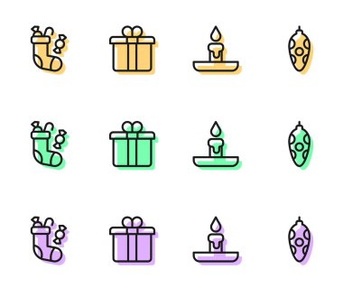 Yakıcı mum, Noel çorabı hediye kutusu ve oyuncak ikonu. Vektör.