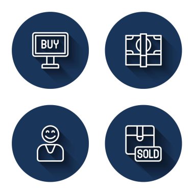 Satın al düğmesi kağıt para Mutlu müşteri ve uzun gölgeli satıldı. Mavi daire düğmesi. Vektör.