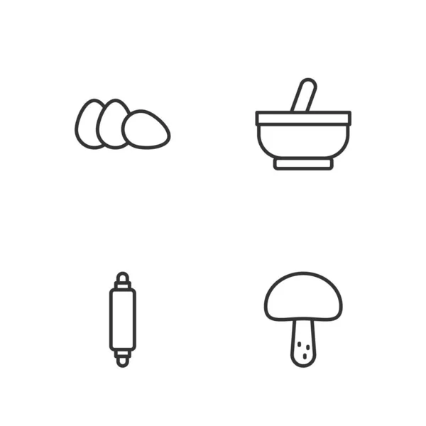 设置直线蘑菇滚针鸡蛋和毛油和沙士图标 — 图库矢量图片