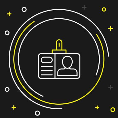 Çizgi tanımlama rozeti simgesi siyah arkaplanda izole edildi. Sunum için, şirketin kimliği için, reklam için kullanılabilir. Renkli taslak konsepti. Vektör