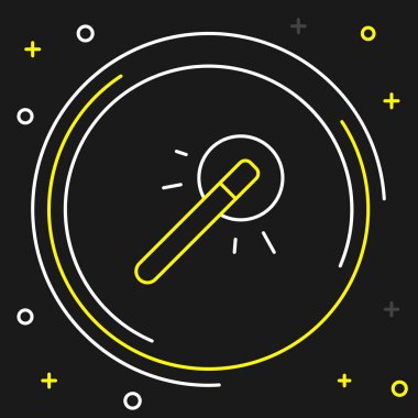 Çizgi Sihirli değnek simgesi siyah arkaplanda izole edildi. Yıldız şeklinde sihirli aksesuar. Sihirli güç. Mutlu Cadılar Bayramı Partisi. Renkli taslak konsepti. Vektör