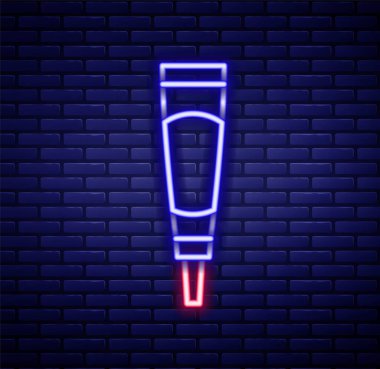 Parlayan neon hattı kremi ya da losyon kozmetik tüp ikonu tuğla duvar arka planında izole edilmiş. Kadınlar için vücut bakım ürünleri. Renkli taslak konsepti. Vektör
