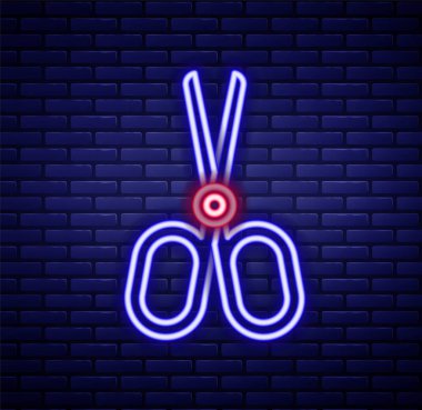 Parlayan neon hattı makas simgesi tuğla duvar arka planında izole edildi. Terzi sembolü. Alet kesme işareti. Renkli taslak konsepti. Vektör