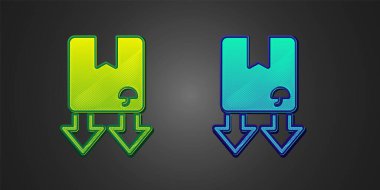 Siyah zemin üzerinde trafik sembolü simgesi olan yeşil ve mavi karton bir kutu. Kutu, paket, paket işareti. Teslimat, ulaşım ve nakliye. Vektör