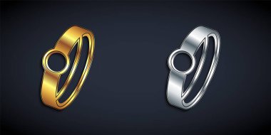 Altın ve gümüş elmas nişan yüzüğü simgesi siyah arkaplanda izole edilmiş. Uzun gölge tarzı. Vektör