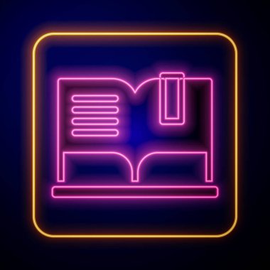 Parlayan neon açık kitap simgesi siyah arkaplanda izole edildi. Vektör