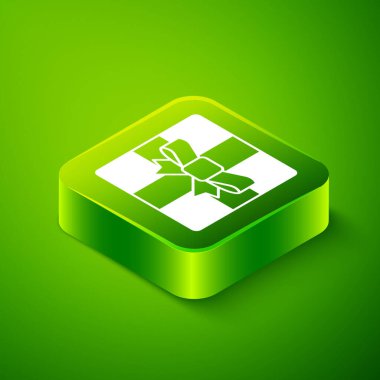 Isometric Hediye kutusu simgesi yeşil arkaplanda izole edildi. Mutlu Noeller ve mutlu yıllar. Yeşil kare düğmesi. Vektör