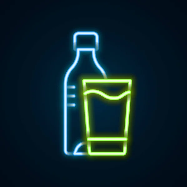 Glödande Neon Line Flaska Med Vatten Med Glas Ikon Isolerad — Stock vektor
