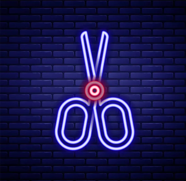 Parlayan neon hattı makas simgesi tuğla duvar arka planında izole edildi. Terzi sembolü. Alet kesme işareti. Renkli taslak konsepti. Vektör