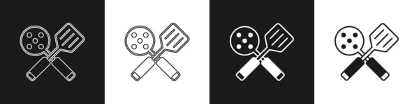 Set Spatel Pictogram Geïsoleerd Zwart Wit Achtergrond Keuken Spatel Icoon — Stockvector
