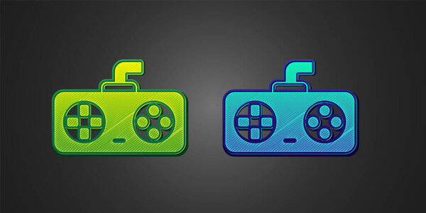 Green and blue Game controller or joystick for game console icon isolated on black background.  Vector