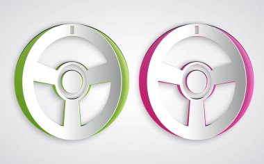 Kağıt kesikli direksiyon ikonu gri arka planda izole edilmiş. Araba tekeri ikonu. Kağıt sanatı tarzı. Vektör