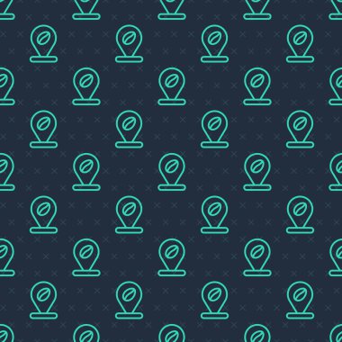 Kahve çekirdeği ikonlu yeşil çizgi konumu mavi arka planda izole edilmiş pürüzsüz desen. Vektör