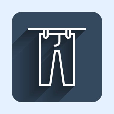 Beyaz çizgi kurutma ikonu uzun gölge arkaplan izole. Temiz pantolon. Çamaşırları çamaşır mandallarıyla iple yıka. Kıyafet bakımı ve düzenlilik. Mavi kare düğme. Vektör