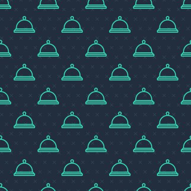 Yeşil hat, mavi arka planda izole edilmiş yemek ikonu tepsisiyle kaplı. Tepsi ve kapak işareti. Kapaklı bir restoran saati. Vektör