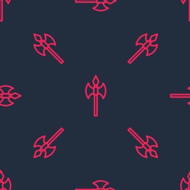 Kırmızı çizgi Ortaçağ balta simgesi siyah arka planda izole edilmiş kusursuz desen. Savaş baltası, cellat baltası. Ortaçağ silahı. Vektör