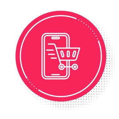 Beyaz hat cep telefonu ve alışveriş arabası simgesi beyaz arka planda izole edildi. İnternetten satın alma sembolü. Süpermarket sepeti sembolü. Kırmızı daire düğmesi. Vektör