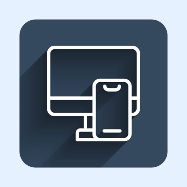 İnternetten sipariş edilen beyaz hat ve fast food dağıtım ikonu uzun gölgeli. Mavi kare düğme. Vektör