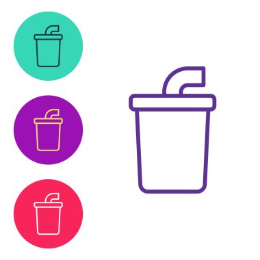 Beyaz arka planda izole edilmiş kamış ve su ikonu içeren çizgi kağıt bardak. Soda bardağı. Taze soğuk içecek sembolü. Simgeleri renklendirin. Vektör