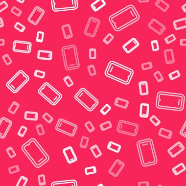 Beyaz çizgi Akıllı Telefon, cep telefonu simgesi kırmızı arka planda izole edilmiş kusursuz desen. Vektör