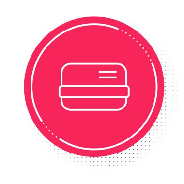 Beyaz çizgi kredi kartı simgesi beyaz arkaplanda izole edildi. Çevrimiçi ödeme. Nakit çekilmesi. Finansal operasyonlar. Alışveriş tabelası. Kırmızı daire düğmesi. Vektör