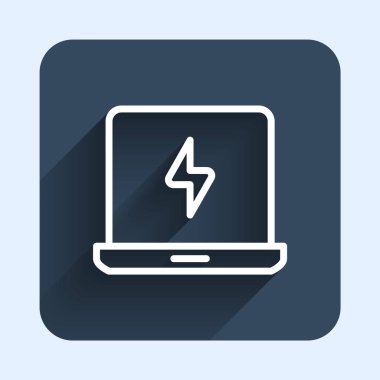 Beyaz çizgi dizüstü bilgisayar simgesi uzun gölge arkaplanı ile izole edildi. Boş ekran işaretli bilgisayar defteri. Mavi kare düğme. Vektör