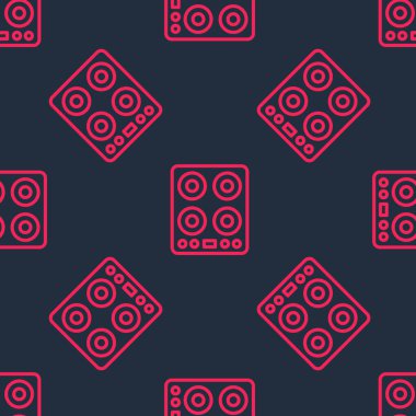 Kırmızı çizgi gazlı soba simgesi siyah arkaplanda izole edilmiş. Mutfak tabelaları. Dört daire ocağı olan bir hob. Vektör